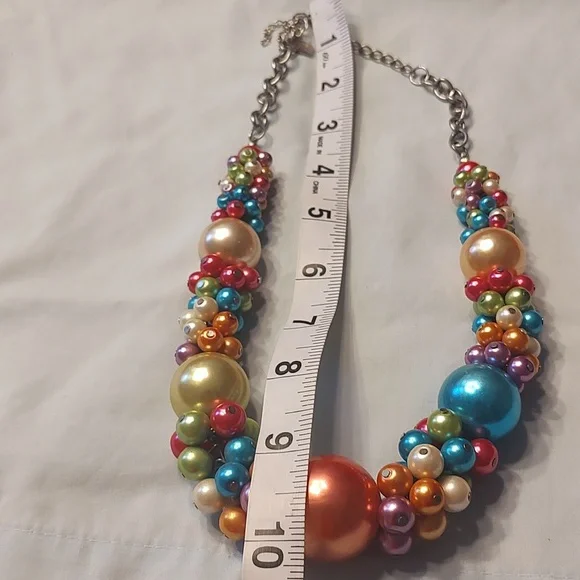 Fun rainbow bead statement necklace & Bright Pink Iridescent Layering Necklace - Picture 7 of 11